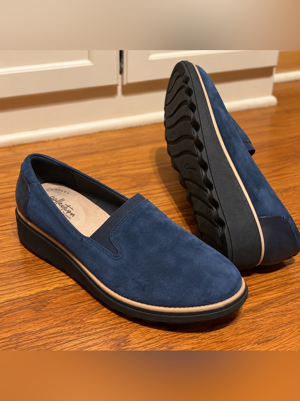 Clarks Navy Suede Slip-On Loafers